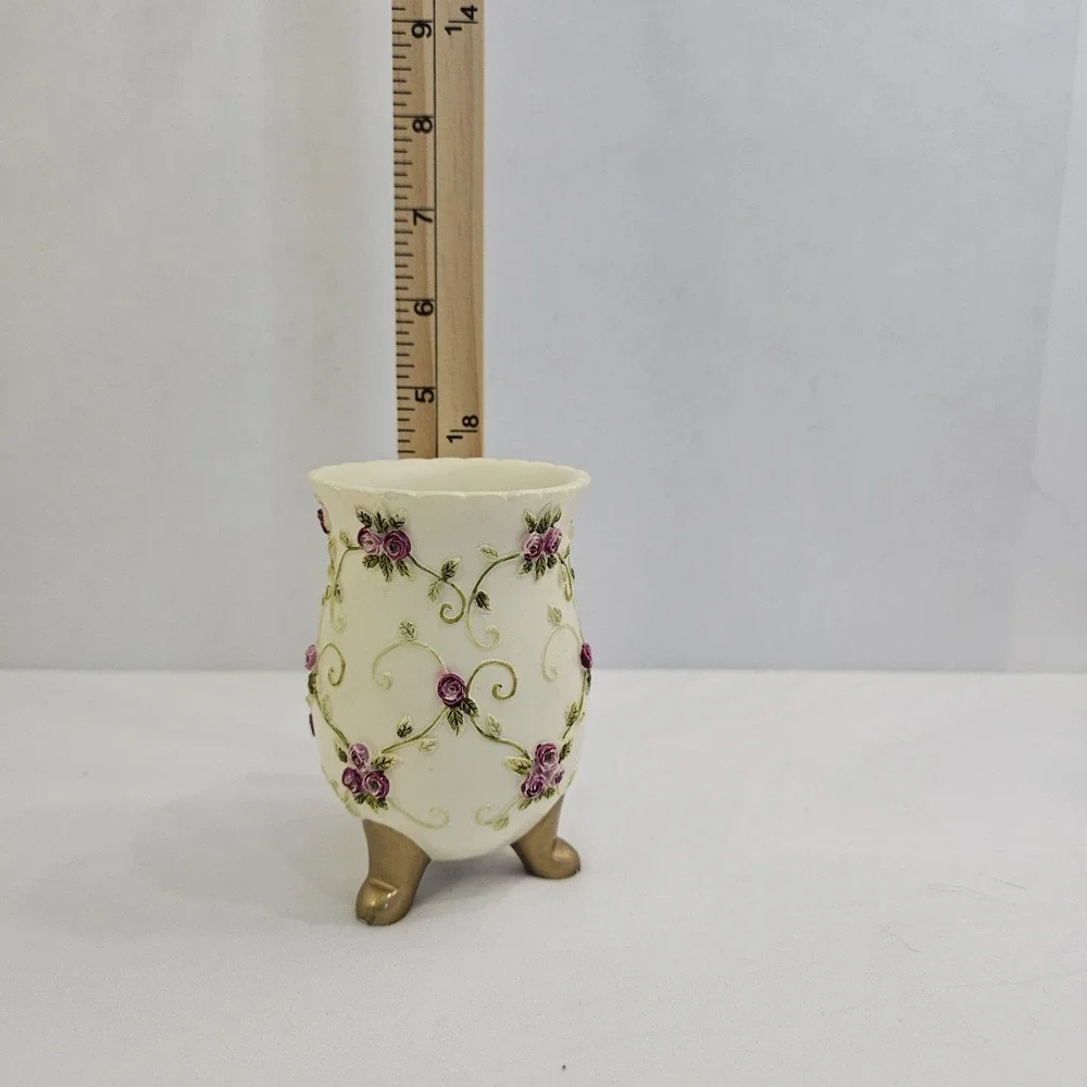 VTG Wamsutta Springs Bath RM Cup & Tooth Brush Holder -Hand Painted Floral/Vines